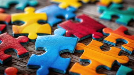 brightly colored puzzle pieces scattered on wooden surface,National Puzzle Day