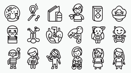 Set of outline icons related to kids. Linear icon collection. Editable stroke. Vector 
