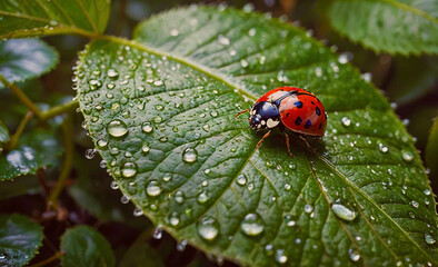 Fototapeta premium A ladybug is sitting on a leaf that is covered in raindrops