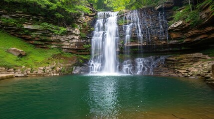 Obraz premium Tranquil Waterfall Postcard Scene, a serene cascade surrounded by lush greenery, inviting personal messages against a backdrop of soothing natural beauty