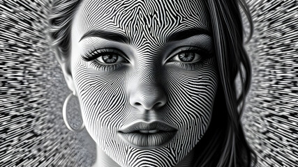 Beautiful woman with face covered with fingerprint pattern or zebra pattern. Generative AI