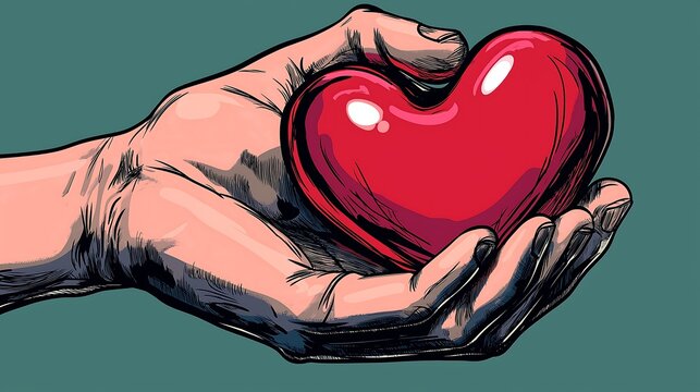 hand squeezing a heart, emphasizing the gesture with details like fingers wrapping around the heart