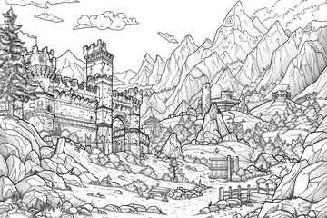 Obraz premium Coloring book illustration of a historical fortification in a mountainous landscape