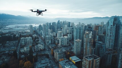 Drone flying over a cityscape, capturing aerial footage