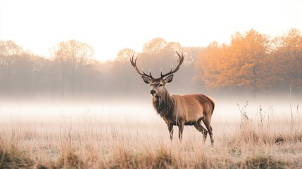 Fototapeta premium A red deer grazing in a misty field, the morning fog gently lifting as it feeds quietly in the tall grass, surrounded by a peaceful forest.