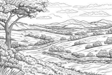 Coloring book illustration of a scenic landscape view with rolling hills and flowing rivers