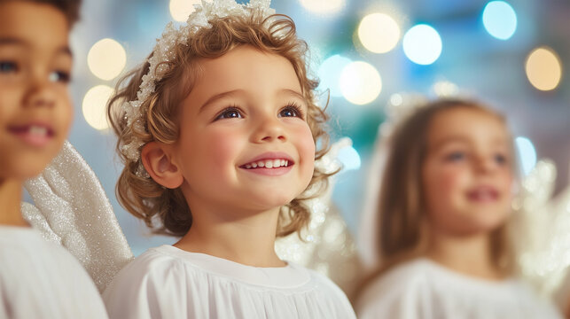 Diverse Group of Children Dressed as Angels Singing Christmas Carols in a Choir, Joyful Holiday Celebration.
