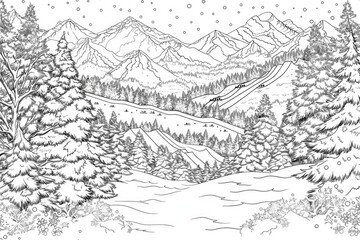 Naklejka premium Coloring book illustration of a snowy winter scene at a ski resort in the mountains featuring slopes and snowy trees