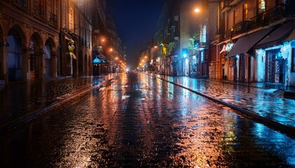 Empty city street at night, wet from rain.