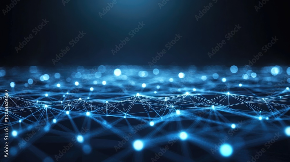 Poster glowing lines and nodes create a high-tech abstract background in a dark setting