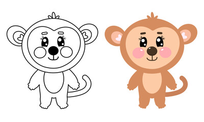 Cute cartoon kawaii doodle drawing of monkey. Coloring page illustration for kids. Monkey flat animal in line drawing style. Vector outline for printable children's and adults coloring page or book