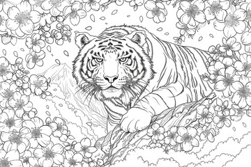 Coloring book illustration of a Flower King Tiger surrounded by sakura blossoms on a mountain top