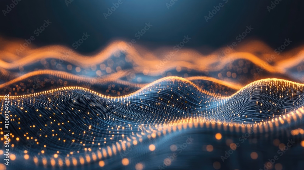 Poster abstract design displaying undulating waves illuminated by luminous particles in a dark setting