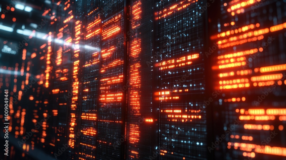 Poster bright orange lights create an abstract high-tech backdrop with intricate, glowing patterns