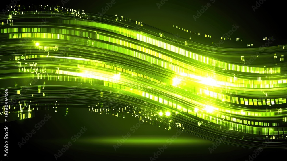 Poster a dynamic display of glowing green waves and light patterns creates a high-tech atmosphere