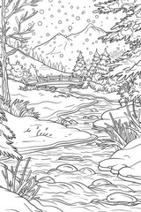Coloring book illustration of a snow covered river landscape surrounded by winter scenery