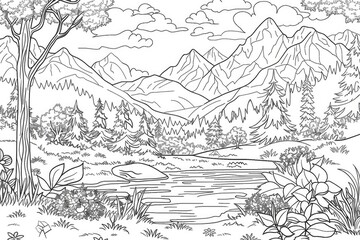 Coloring book illustration of a serene wilderness landscape