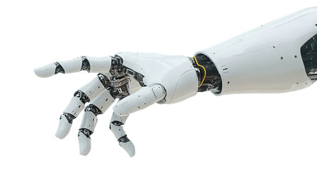 Futuristic white robotic hand in a gesture, isolated on transparent cutout background