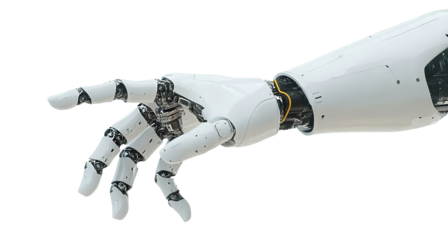 Futuristic white robotic hand in a gesture, isolated on transparent cutout background