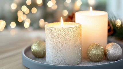 Elegant Christmas Decoration with Advent Candles, Gold Balls, and Glittering Bokeh Lights for Winter Holiday Celebration.