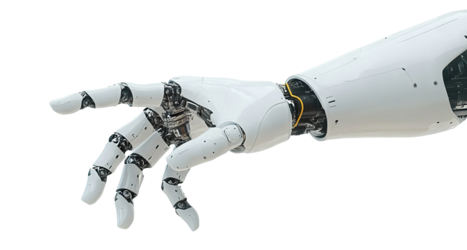 Futuristic white robotic hand in a gesture, isolated on transparent cutout background