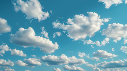 Fototapeta premium Serene Blue Sky with Fluffy Clouds, a tranquil scene featuring a vast blue expanse adorned with scattered clouds, perfect for diverse commercial applications and visual storytelling.