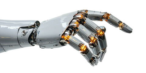 Futuristic robotic hand gesture with illuminated parts, isolated on transparent cutout background