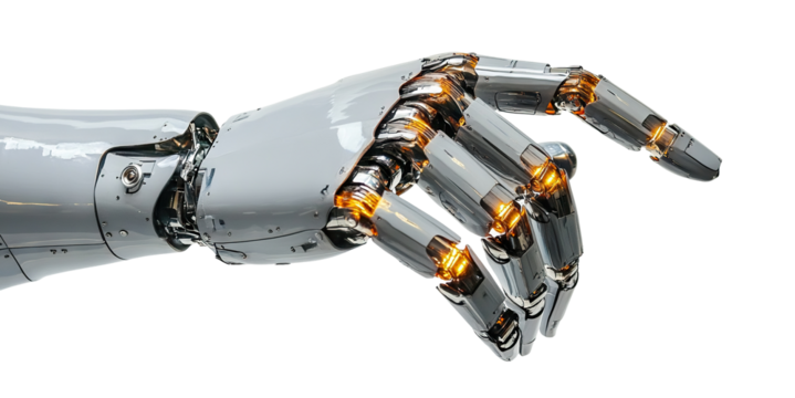 Futuristic robotic hand gesture with illuminated parts, isolated on transparent cutout background