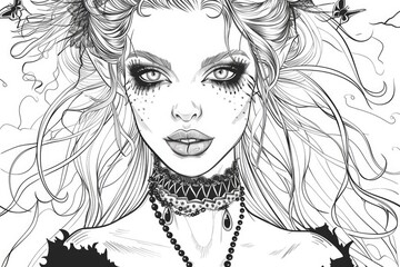 Fototapeta premium Coloring book illustration of a stylish girl portrait featuring gothic makeup dark accessories and a chic hairstyle The design includes elements of a vampire theme with striking features and elegan