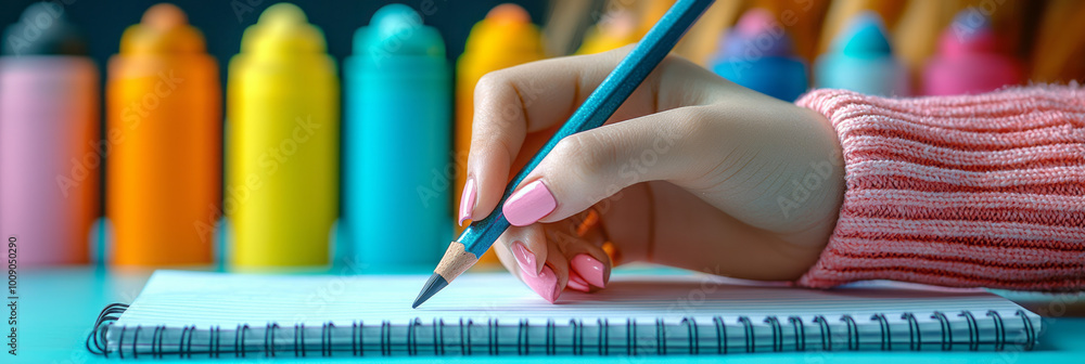 Poster a hand sketching on a notepad with creative designs, isolated on a pastel backdrop,