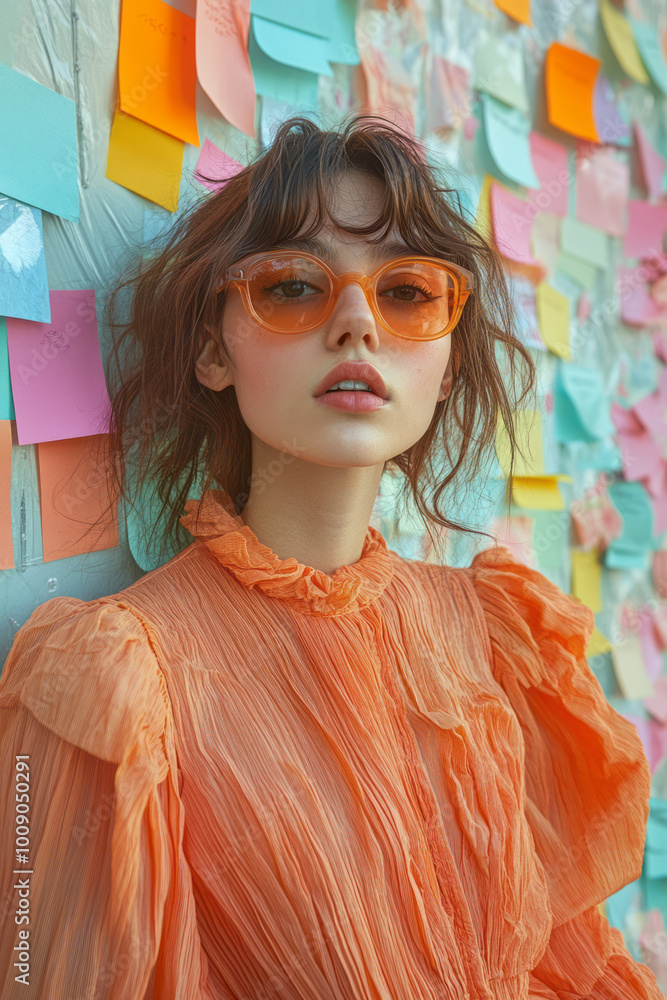 Poster a person brainstorming with colorful post-it notes on a wall, floating on a pastel surface,