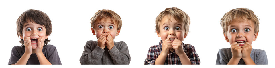 A kid biting their lower lip with a wide-eyed expression, hands fidgeting in front. isolated on transparency background