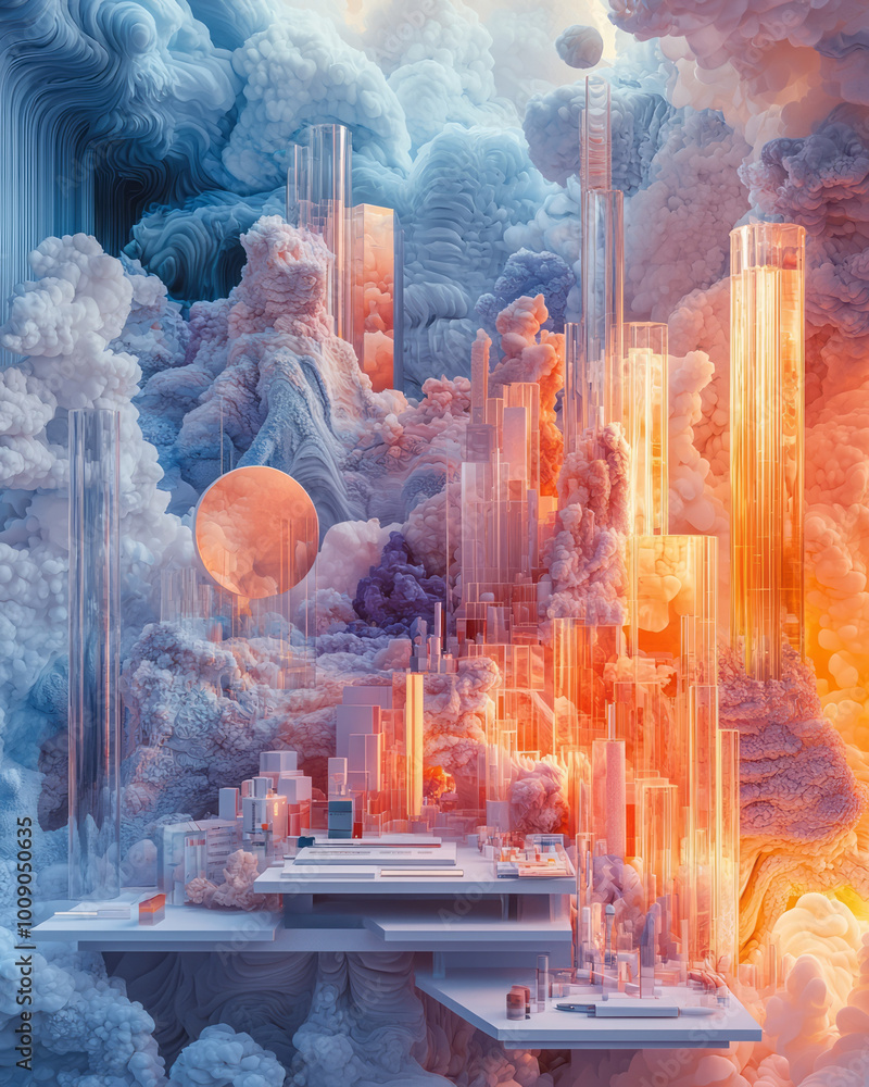 Poster a designerâ€™s desk with tools and creative materials, floating on a soft pastel canvas,