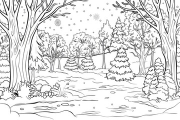 Obraz premium Coloring book illustration of a snowy park scene with trees for winter walking enjoyment