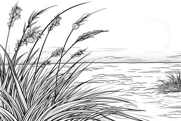 Coloring book illustration of a serene winter landscape Tranquil nature backdrop featuring frosted grass at sunrise Winter wonderland scene Idyllic nature design Banner with ample space for custom