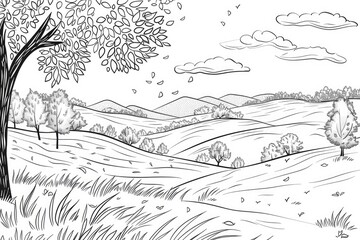 Coloring book illustration of a misty autumn landscape with rolling hills and trees