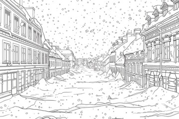Obraz premium Coloring book illustration of a snowy winter scene depicting empty streets and building rooftops covered in snow during a blizzard