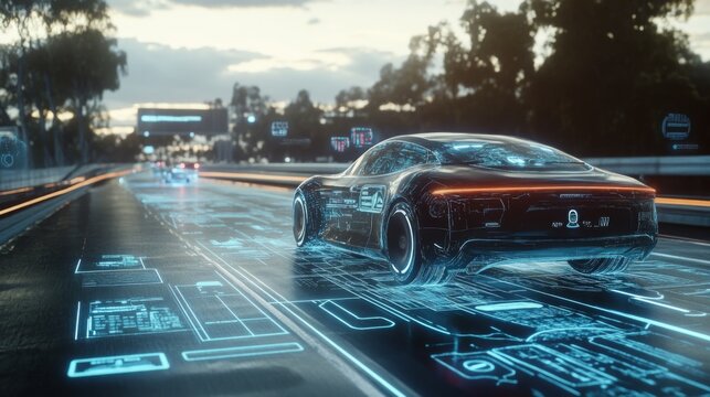 Futuristic self-driving car on an open road, surrounded by digital interfaces