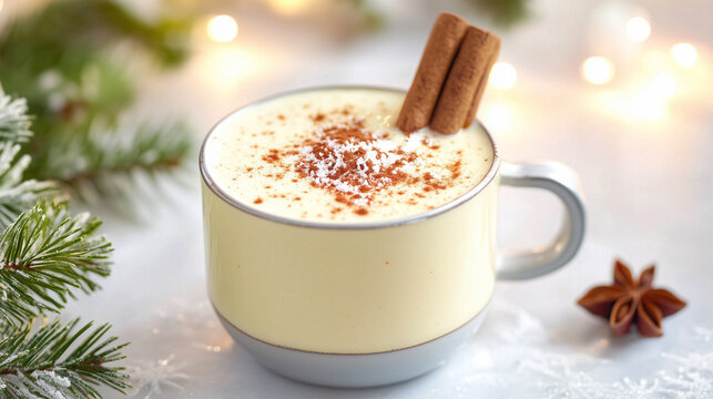 Eggnog Christmas Creamy Cocktail with Cinnamon Sticks in a Mug, Decorated with Fir Branch on White Elegant Table, Homemade Egg Nog.