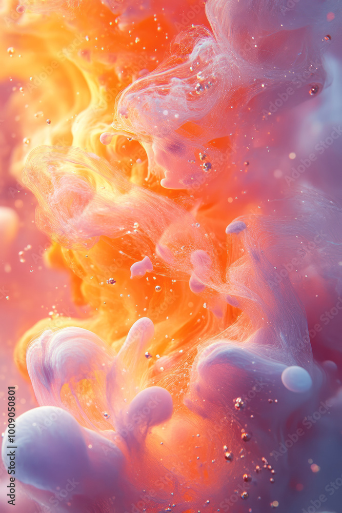 Poster A burst of colors and patterns symbolizing a creative explosion, floating on a pastel backdrop,