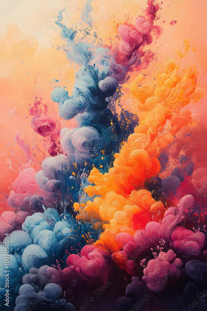 Aufkleber a burst of colors and patterns symbolizing a creative explosion, floating on a pastel backdrop,