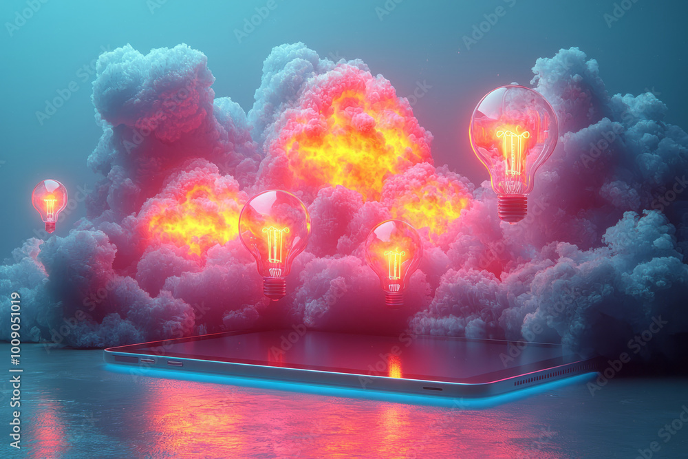Poster A digital tablet displaying a brainstorming session, floating on a pastel background,