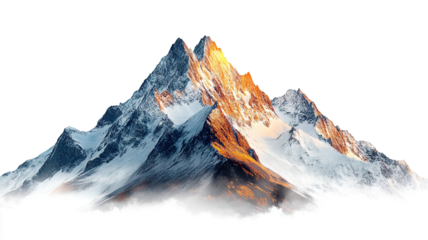 Snow-covered mountain peaks in sunset light, isolated on transparent cutout background