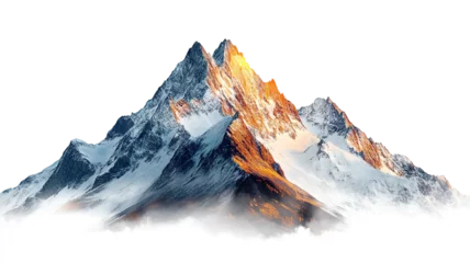 Schilderijen op glas Snow-covered mountain peaks in sunset light, isolated on transparent cutout background © PNGuin Studio
