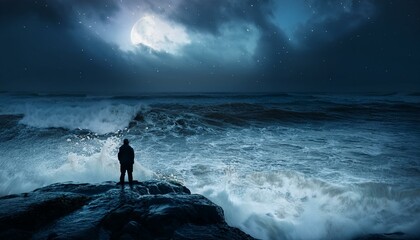 Man watches stormy sea at night