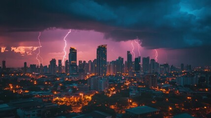 Fototapeta premium Lightning Strikes Over a Cityscape at Night