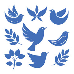 Minimalist blue bird vector icons set with doves, olive branches, and circular frame designs.
Blue bird silhouette icons in simple style, perfect for peace symbols, logos, and decoration.