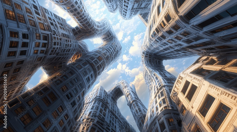 Poster bending skyscrapers float above the city, connected by looping, gravity-defying bridges that create 