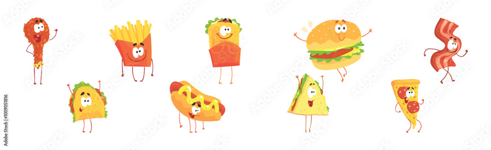 Poster funny fast food character with face and arms vector set
