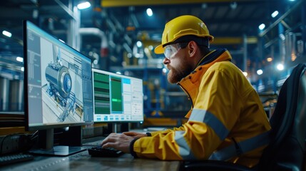 An industrial engineer is conducting technical analysis in a factory while using a computer with two monitors, one of which is showing a green mock-up screen.